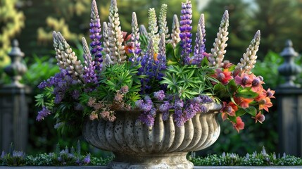 Poster - Vibrant garden display with colorful flowers in a decorative planter The mix includes purple lupines and green foliage creating a lush and beautiful floral arrangement for outdoor decor