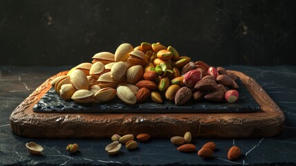 Poster - pistachios almonds cashews and peanuts on black board