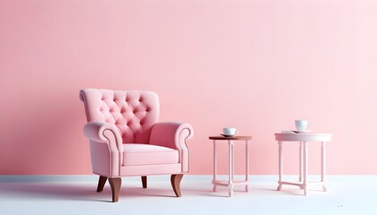 Wall Mural - Elegant pink armchair with a round side table and teacup, creating a serene atmosphere against a soft gradient backdrop