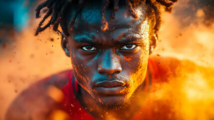 Intense Close-up of a Determined Athlete Covered in Dust