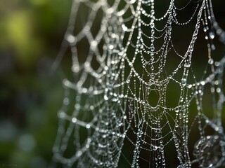 Wall Mural - A close-up of intricate spiderwebs glistening with morning dew, illustrating the beauty of nature's details.