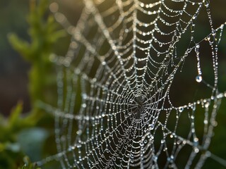 Wall Mural - A close-up of intricate spiderwebs glistening with morning dew, illustrating the beauty of nature's details.