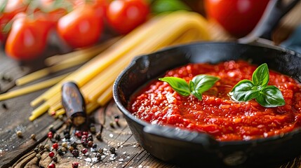 Aufkleber - Tomato paste in cast iron skillet with dry spaghetti cherry tomato and dried oregano in the back photographed on wood Selective Focus Focus one third into the tomato paste