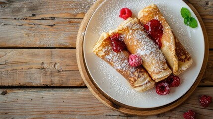 Poster - Whole pancake roll halves of pancake roll with raspberry filling in white plate on wooden table