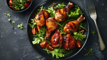 Poster - Tasty barbecue chicken drumstick and fresh green salad Chicken legs quarters