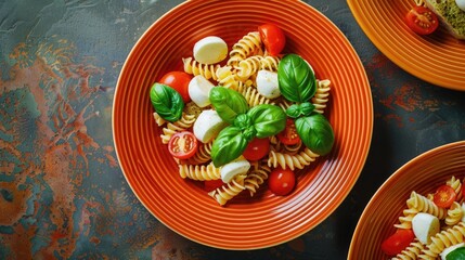 Poster - Pasta fusilli caprese salad tomatoes mozzarella basil and pesto under high angle shadows Bread appetizer with caprese salad on orange plates Top view food flat lay