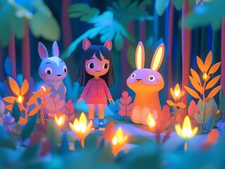 A young girl with long black hair, wearing a red sweater and blue pants, stands between two bunnies in a magical forest illuminated by glowing flowers.