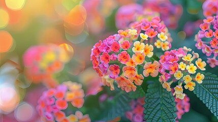 Poster - Closeup of Lantana Camara Tiny Flowers in pink yellow and orange colors