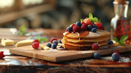Aufkleber - american pancake board with berries maple syrup butter