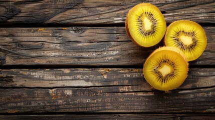 Poster - Halved ripe yellow kiwi fruit on old wooden table Top view