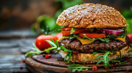 Poster - Cheeseburger With Salad And Tomato On a wooden board