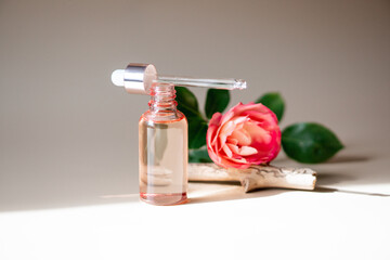 Natural cosmetics, hair and skin care. Organic oil. Bottle with pipette. Essential rose oil. High quality photo