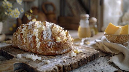 Poster - Bread with curd cheese on wooden board