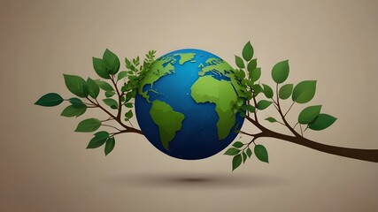 Wall Mural - World environment day minimalist tree branch with earth and plant leaves on it , earth day concept. World environment day background. Generative AI