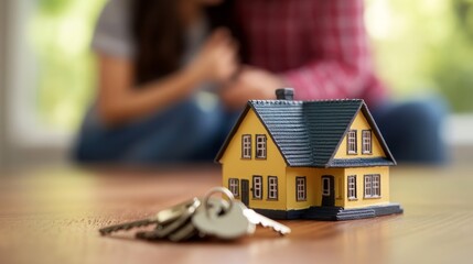 Poster - A couple is sitting on the floor next to a yellow house with a key on the ground