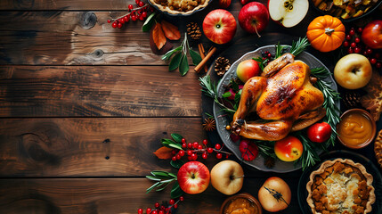 traditional American-style dinner table with all the ingredients for freshly baked chicken, including a large chicken on a platter, potatoes in a dish, and vegetables around it. The background is a wo