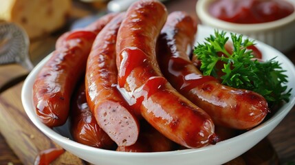 Poster - A closeup shot of boiled sausages served with sauce on a white bowl hot appetizer