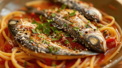 Poster - Sardines and spaghetti in a tomato sauce and garnished with herbs