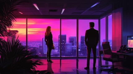 Poster - A man and woman in suits stand in an office overlooking a city skyline, looking out the window at a sunset.