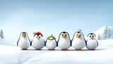 Penguin Party in the Snow: A whimsical and adorable group of cartoon penguins huddled together in the snow, capturing the essence of winter joy and camaraderie.