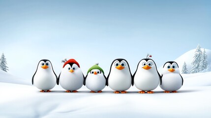 Penguin Party in the Snow: A whimsical and adorable group of cartoon penguins huddled together in the snow, capturing the essence of winter joy and camaraderie.  