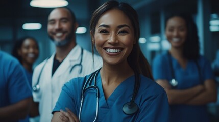 Aufkleber - A group of smiling people in blue scrubs, including a woman with a stethoscope