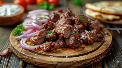 Poster - Part of the wooden board with fried beef meat with red onion rings sauce and pita bread on the wooden table close up perspective view shallow depth of field Meat in focus