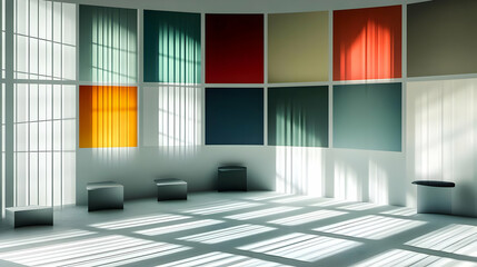 Sticker - Minimalist Room with Colorful Panels and Sunbeams