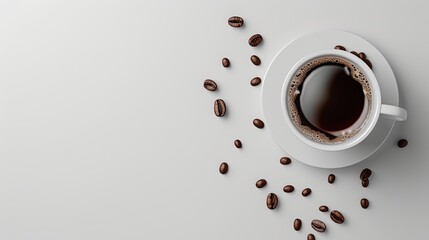 Poster - White cup of fresh hot coffee and coffee beans on the table top view flatl ay copyspace