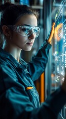  - young scientist analyzing data on a holographic display in a modern laboratory during the afternoon 