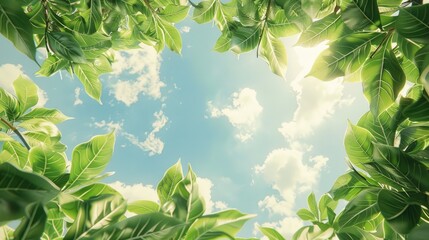 Sticker - Lush green leaves bask in the open sky A canopy of leaves reaches for the vastness of the sky