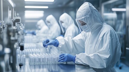 Poster - scientists conduct research in a sterile laboratory environment, collaborating on experiments involv