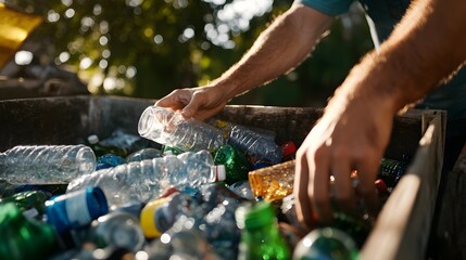 a close-up of hands sorting recyclables, emphasizing individual responsibility in environmental cons