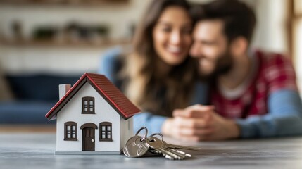 Poster - A couple is laying on a table with a model house and a set of keys