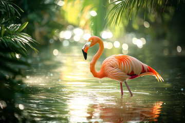 A vibrant flamingo stands gracefully in a tranquil water setting, surrounded by lush greenery and soft bokeh lights.