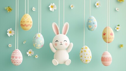 Happy Easter Day Design with Hanging Colorful Painted Realistic Eggs and Cute Bunny Vector Illustration. Egg Hunt Party Concept. Suitable for Poster Banner Flyer and Brochure Template