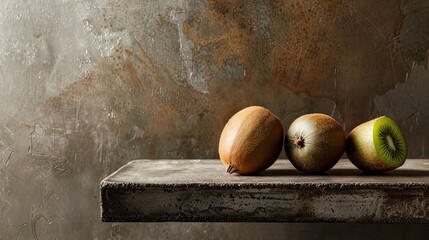 Poster - Three Varieties of Kiwi Fruit on a Table Horizontal with Copy Space