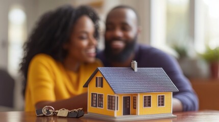 Poster - A couple is looking at a model house with a key on the table