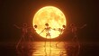 © AlgoCreative - Four skeletons dancing under a large glowing moon at night.