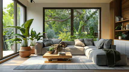 Interior of light living room with grey sofa, wooden coffee table and big window