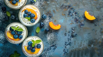 Poster - Curd or yogurt dessert with peaches blueberry chia Homemade dessert with fruits place for text top view