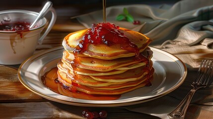 Poster - Pancakes poured with sveru jam Delicious breakfast