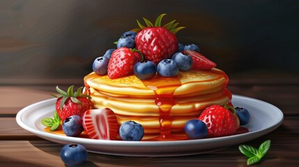 Poster - Golden Pancakes with Fresh Berries A delectable dessert plate showcasing a stack of golden pancakes lavishly topped with a generous serving of fresh strawberries and blueberries