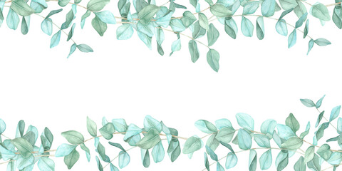 Naklejka na meble Green eucalyptus leaves arranged in a horizontal border across the top and bottom of the label. Seamless border, watercolor clipart for home decor accents, business cards, or product labels