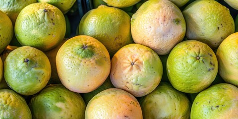 Poster - Close-up of fresh pomelos showcased at a farmers market; pomelo, the largest citrus fruit from the Rutaceae family, is the main ancestor of the grapefruit.