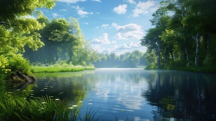 Poster - The image depicts a tranquil riverside scene where the calm waters mirror the lush greenery and clear skies embodying nature s serene beauty
