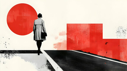 Wall Mural - Woman Walking Away from Red Circle and Wall