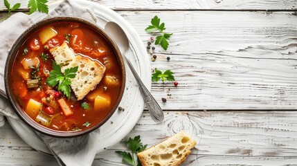 Poster - Portuguese style soup called Caldo Verde with traditional bread on white wooden Table Copy space