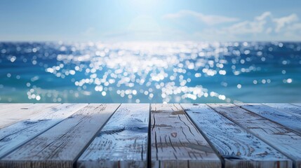 Poster - Blue wooden board and blurred sparkling sea at the background It is possible to place your product Summer holiday concept