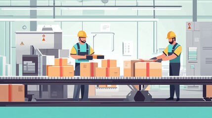 Poster - workers packaging goods on a conveyor belt in a warehouse environment during daytime